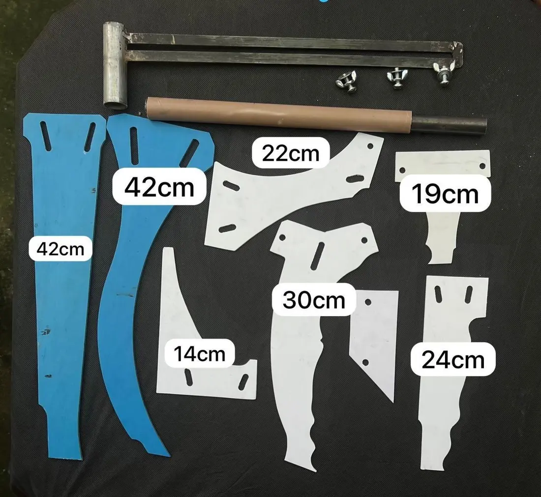 Peças do kit: moldes de 42, 30, 24, 22, 19 e 14 cm, eixo, bailarina e parafusos